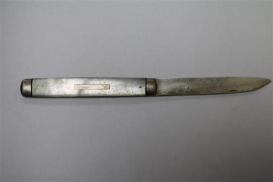 A silver bracelet, silver napkin ring, fruit knife and other items.